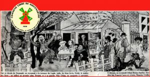 Sur ce dessin de Depaquit, on reconnait à la terrasse du Lapin Agile, les bras levés, Frédé, le maître des lieux; au milieu au premier plan, Bruant et à sa gauche Mac Orlan, en casquette à carreaux. A droite, on reconnait Jehan Rictus (barbu). Derrière lui, Francis Carco et, à terre, Maurice Utrillo